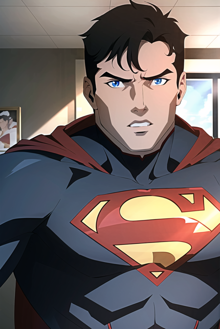 3978524463-3186012543-1boy, superman, male focus, solo, black hair, short hair, blue eyes, upper body, indoors, parted lips, muscular, looking at view.png